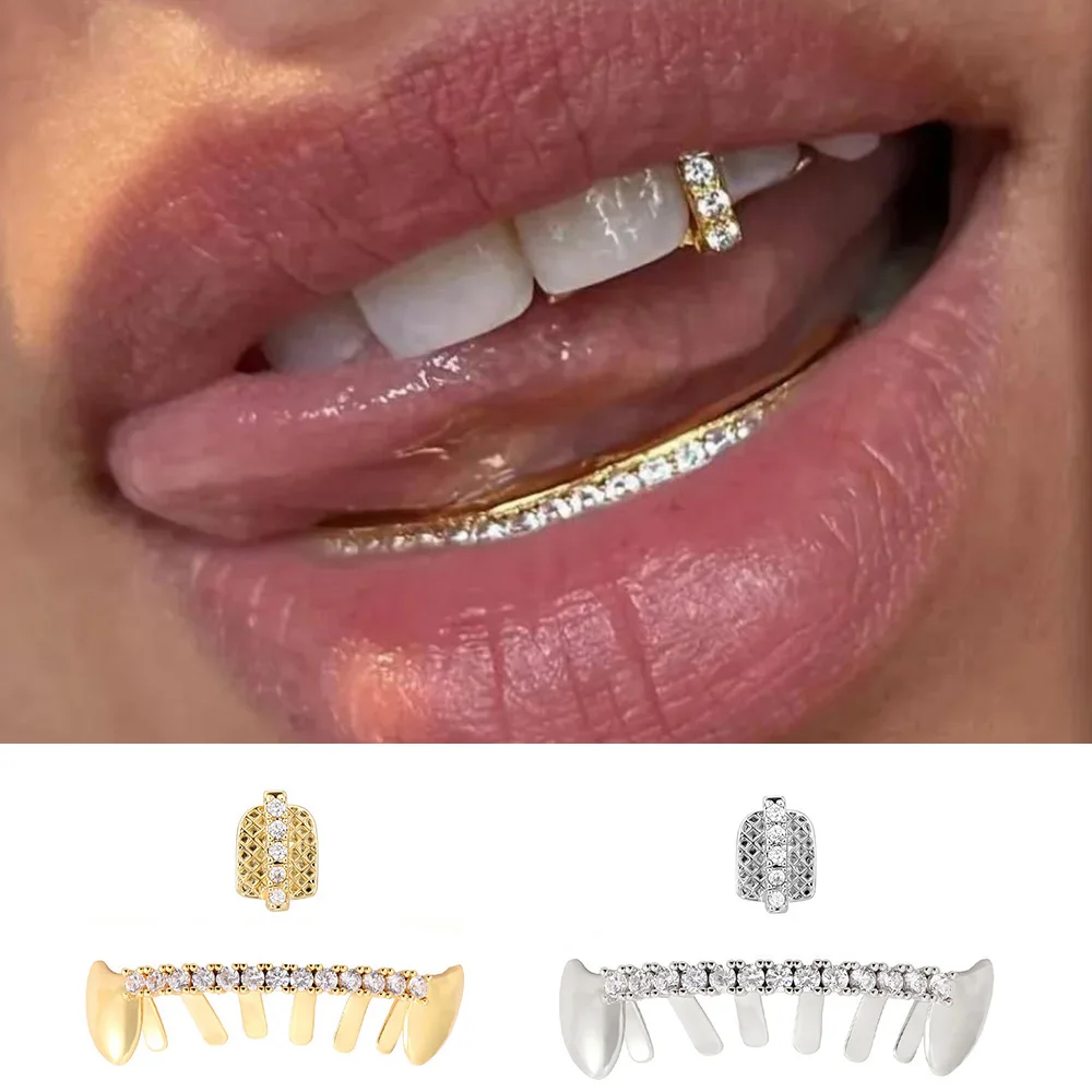 YOUNGX Hip Hop DIY Vertical Bar Cubic Zircon Teeth Grillz Fangs CZ Stone Tooth Caps For Women Men Jewelry Cosplay