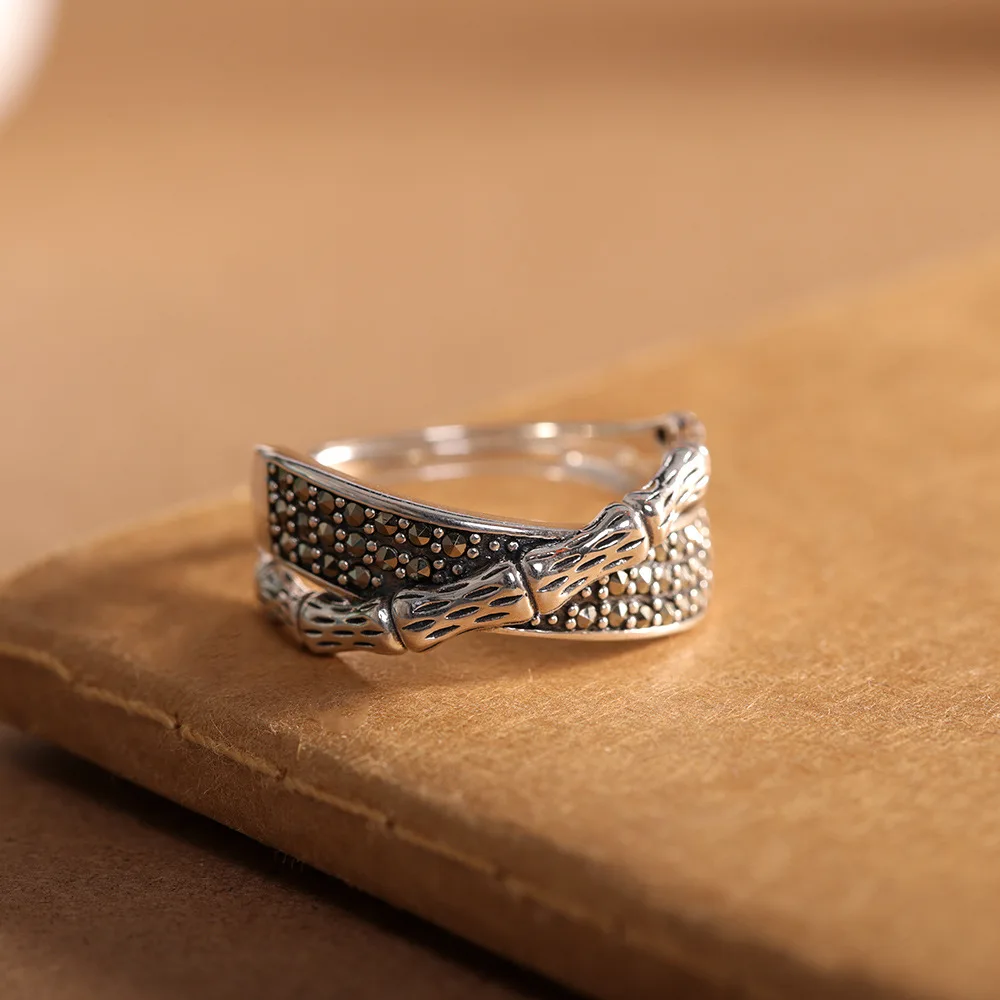 

Xiqi Jewelry 925 Sterling Silver Women's Cross Bamboo Ring, Vintage Marcasite Ring, Thai Silver Ethnic Jewelry Ring, Suitable fo