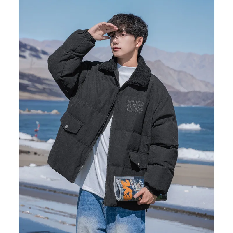 

Men's Winter Cotton Padded Down Coat Turn Down Collar Letter Embroidered Fleece Collar Down Jacket Men Winter Outerwear AU-240