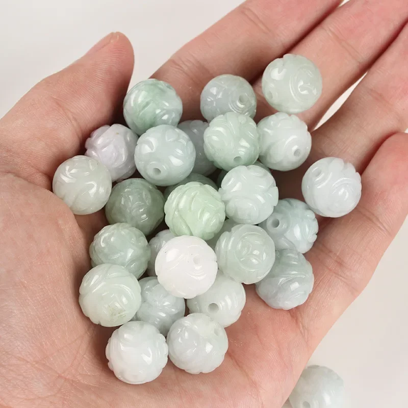 3PC Natural Jade Emerald Lotus Carved Beads 13mm DIY Accessories Bangle Charm Jewellery Fashion  Hand-Carved  Luck Amulet