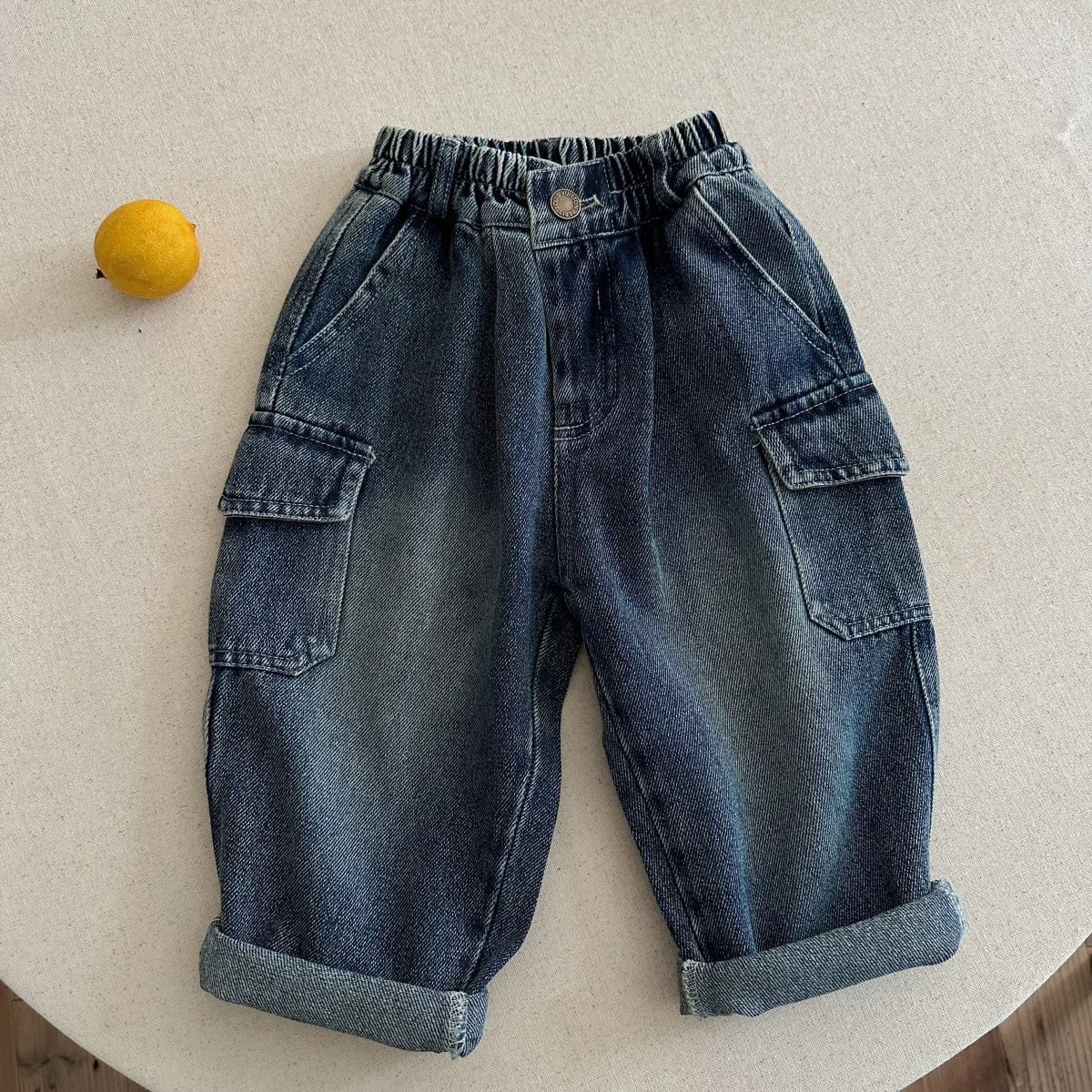 

Children's Jeans 2025 Little Cloth Bear Spring and Autumn Boys and Girls Solid Color Pocket Jeans Straight Leg Pants