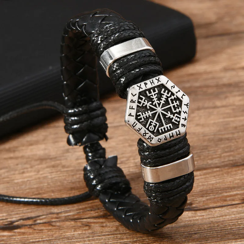 Handmade Leather Braided Norse Rune Viking Bracelets Gothic Lucky Cuff Braclet Personalized Men Leather Bracelet Hand Jewelry view 5