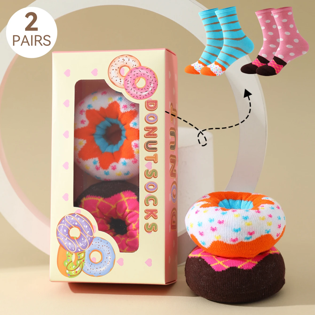 Two Pairs of colorful Donuts Pattern Fashion Trendy Socks Are Suitable for Christmas Valentine's Day Gifts on Halloween
