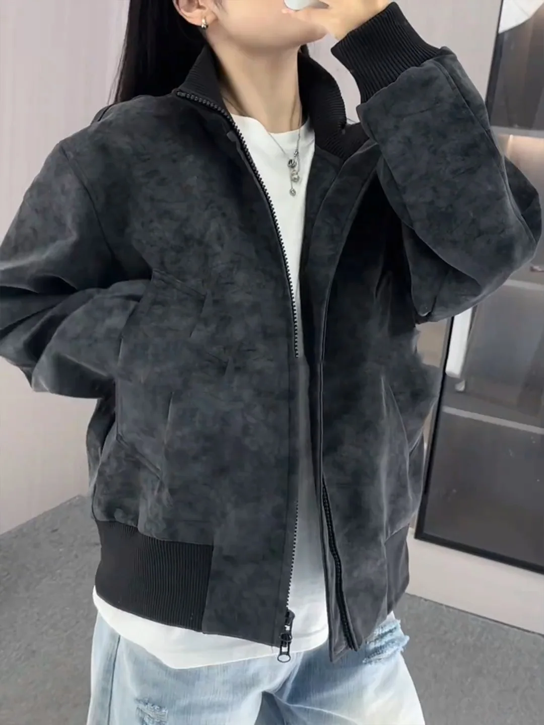 

Кожаная куртка-бомбер Bla Dyed Mist Fini для мужчин, модель Pilot, с застежкой-молнией, удлиненная, приталенная, для игры в бейсбол