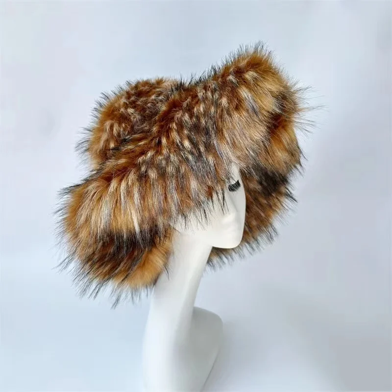 Fashion Faux Raccoon Bucket Hats For Women Winter Warm Big Faux Fur Fluffy Luxury Plush Fisherman Caps Outdoor Ski Panama