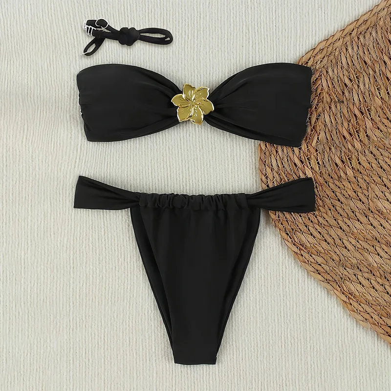 Women Bandeau Bikini Set Gold Flower Decor Two Piece Swimsuit Removable Shoulder Straps Beach Bathing Suit