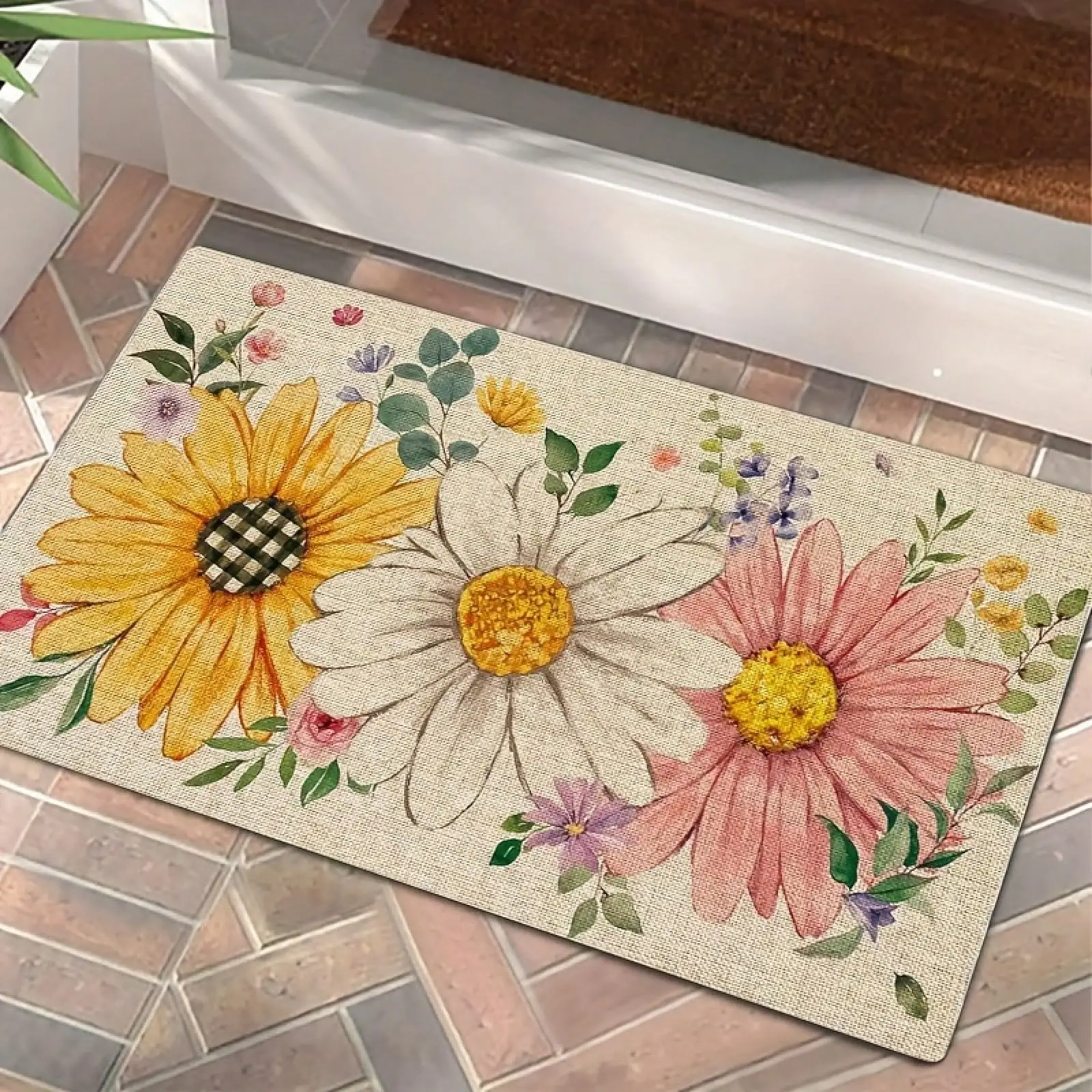 1pc Spring And Summer Floral Doormat | Sunflower Daisy Design, Flannel Material, Suitable For Entryways, Bedrooms, Living Rooms, Dining Rooms, Kitchens