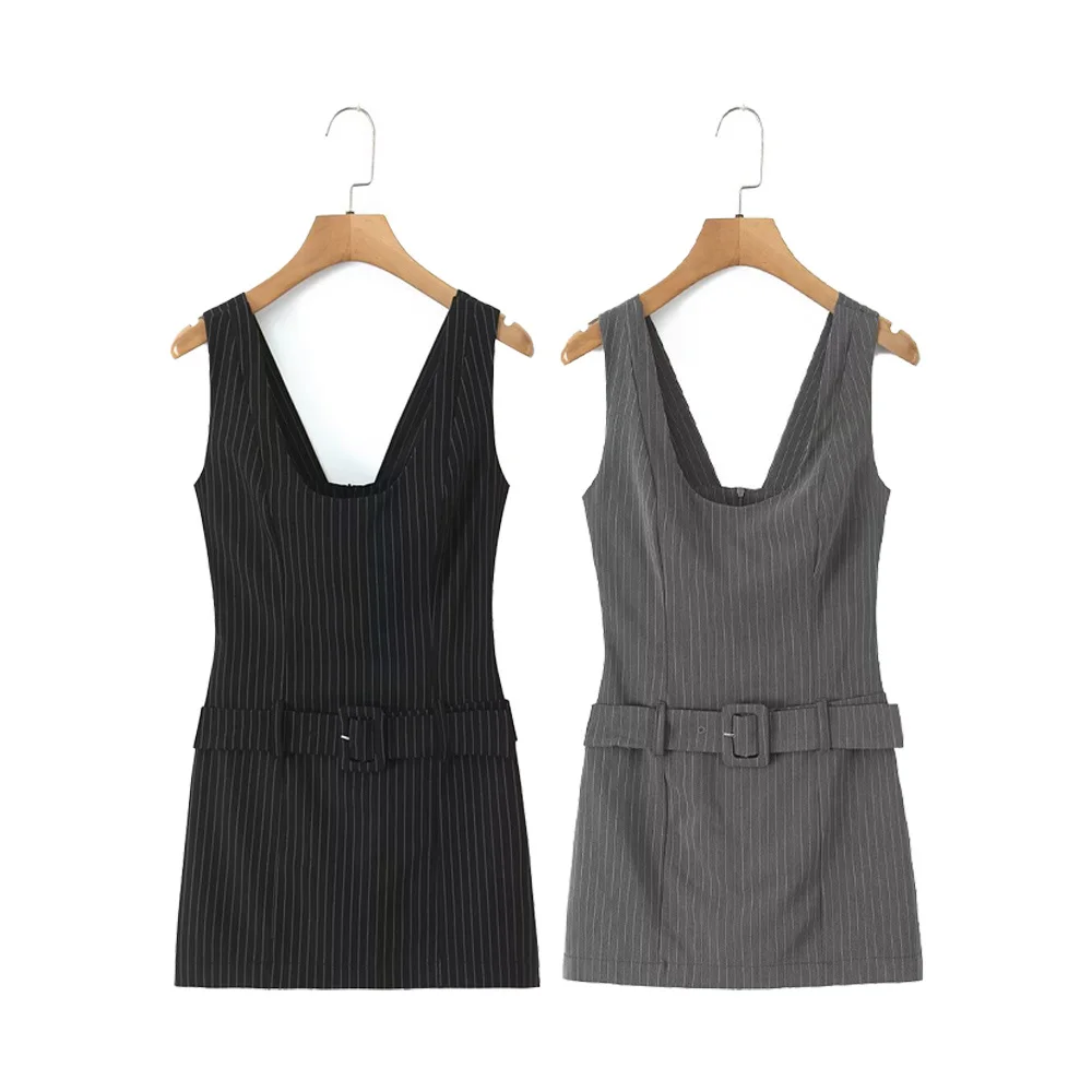 

BMURHMZA summer new women's sexy backless V-neck sleeveless design retro striped waistband jumpsuit skirt