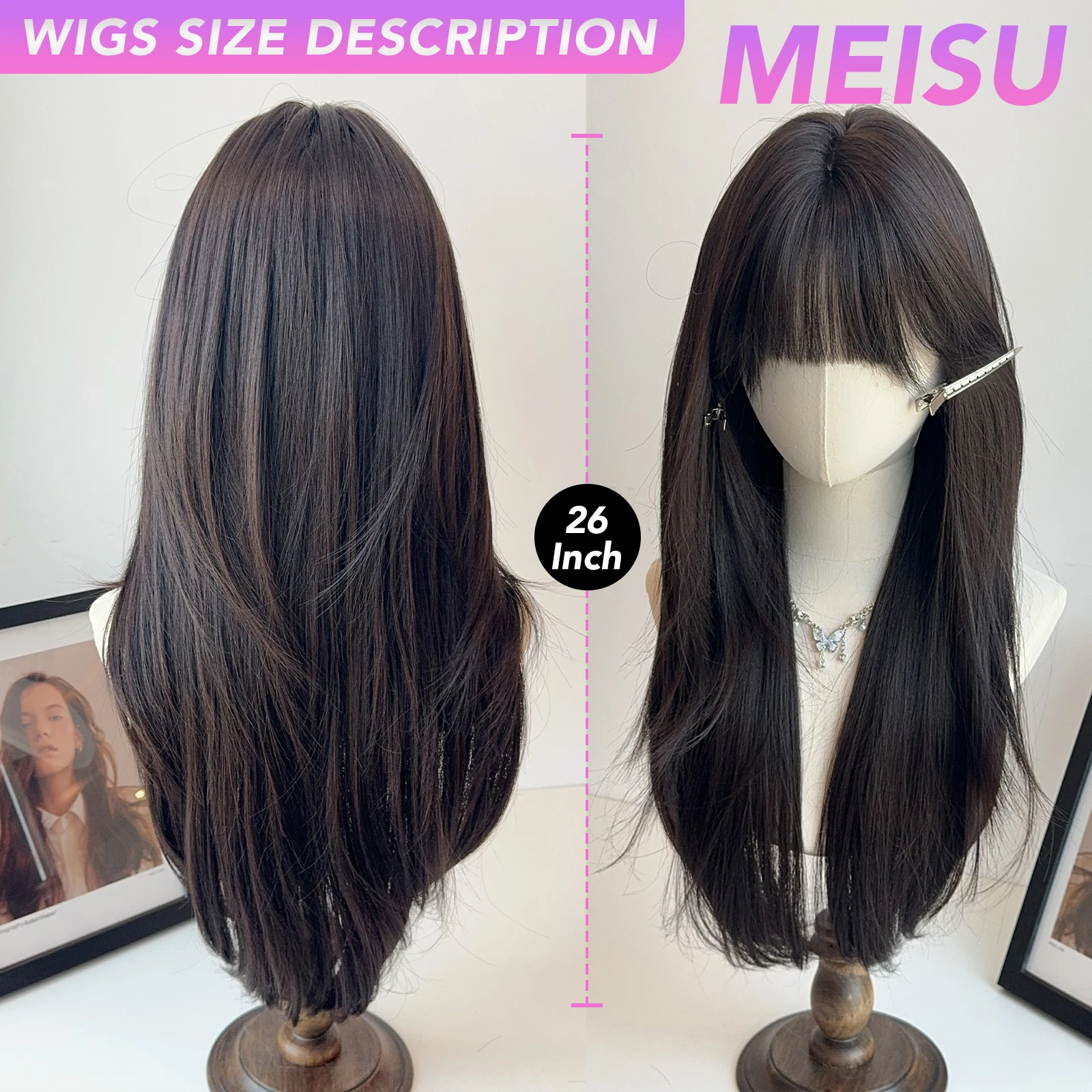 MEISU 26 بوصة الاصطناعية الانفجارات الهوائية شعر مستعار مستقيم الطبقات مستقيم الباروكات الألياف مقاومة للحرارة حفلة أو صورة شخصية للنساء الاستخدام اليومي