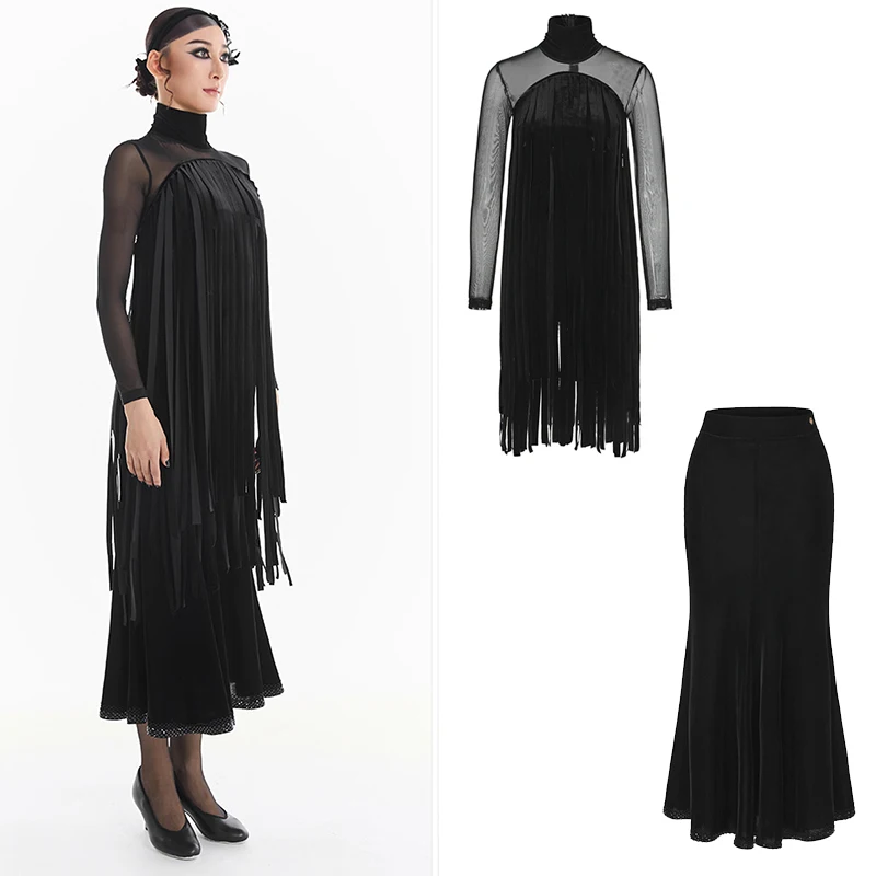 

DUYQ Velvet High Neck Mesh Tassels Top Skirt For Women Ballroom Dance Performance Costumes Modern Dance Dress Stage Wear DN22554