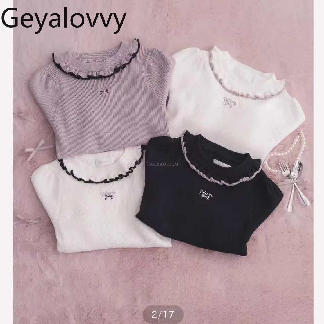 Estilo japonês puro original bonito cor-bloco babados gola pétala pulôver com arco bordado camisa base de malha com nervuras