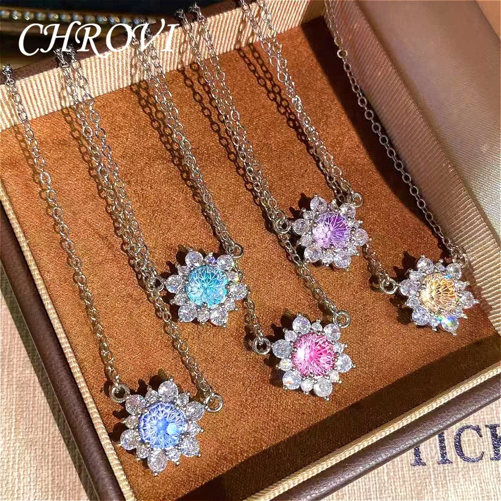 Luxury 925 Sterling Silver Colourful Gemstone Necklace with Small Niche Full Diamond Floral Sunflower Pendant Collarbone Chain