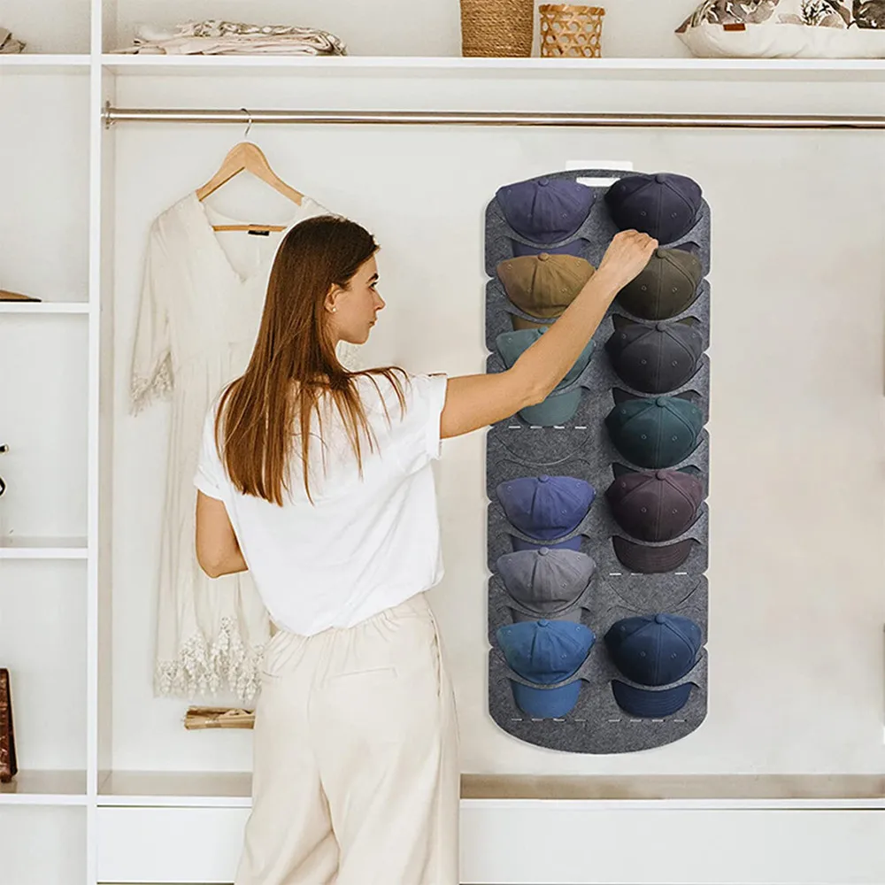 

14 Grids Hanging Hat Storage Bags Display Holder Felt Household Cap Organizer Door Back Closet Hook Storage Bags
