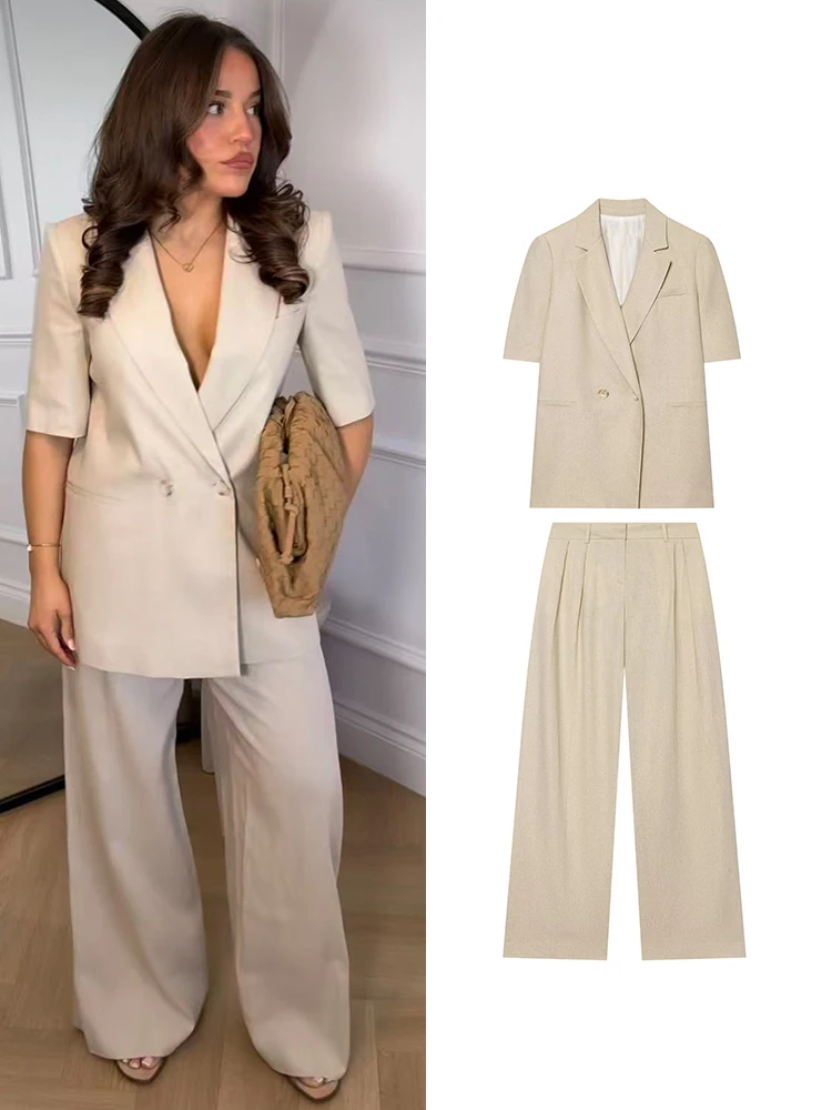 

TFMLN 2026 Women's Blazer Jacket Suit Elegant Short Sleeve Double Breasted Slim Fit Jackets Straight Pants Lady Commuter Set