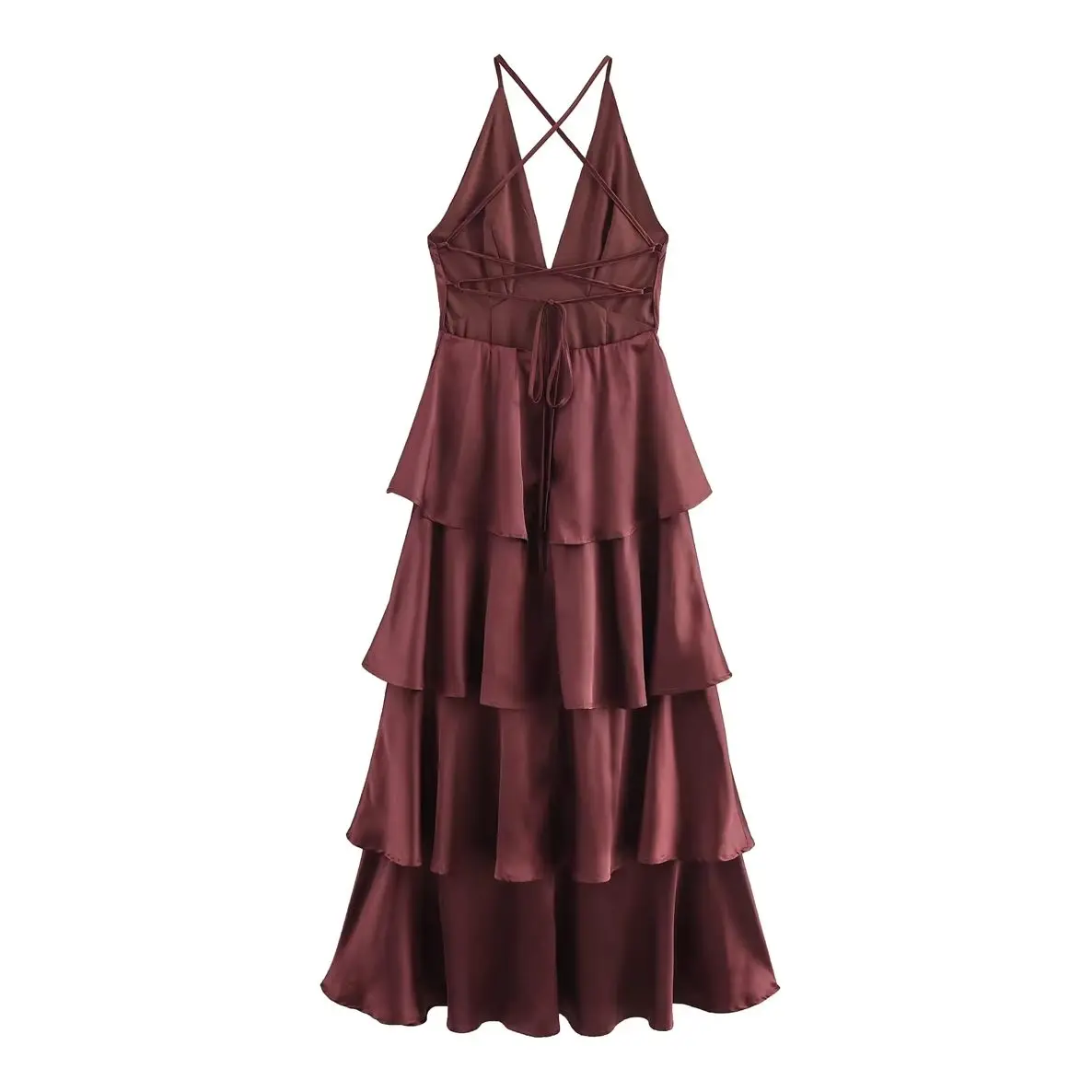 Kondala chique marrom sexy em camadas verão vintage mulher vestido noite vestido de festa moda 2025 aniversário com decote em v vestidos longos