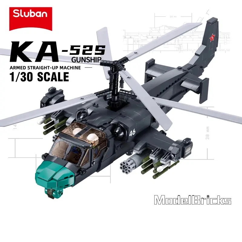 

913PCS Sluban KA-52S Gunship 1/30 Scale Armed Helicopter Model With Missiles Building Blocks Toy Gift for Collectors Hobbyists