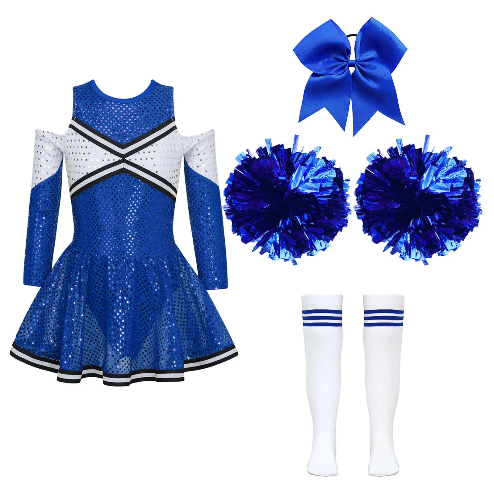 Crianças lantejoulas cheerleading roupas de dança, cheerleading uniformes, vestido, headwear, flores meias, crianças, meninas, traje cheerleader