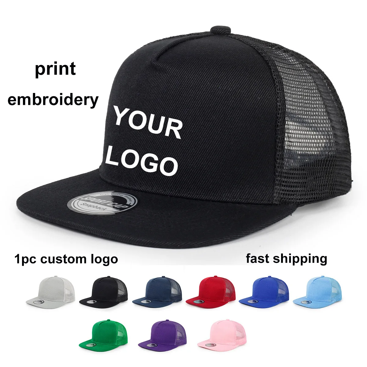 Custom Logo 5 Panel Trucker Hat Women Embroidery Hip Hop Flat Brim Snap Back Cap Men Plain Blank Mesh Street Dance Baseball Cap