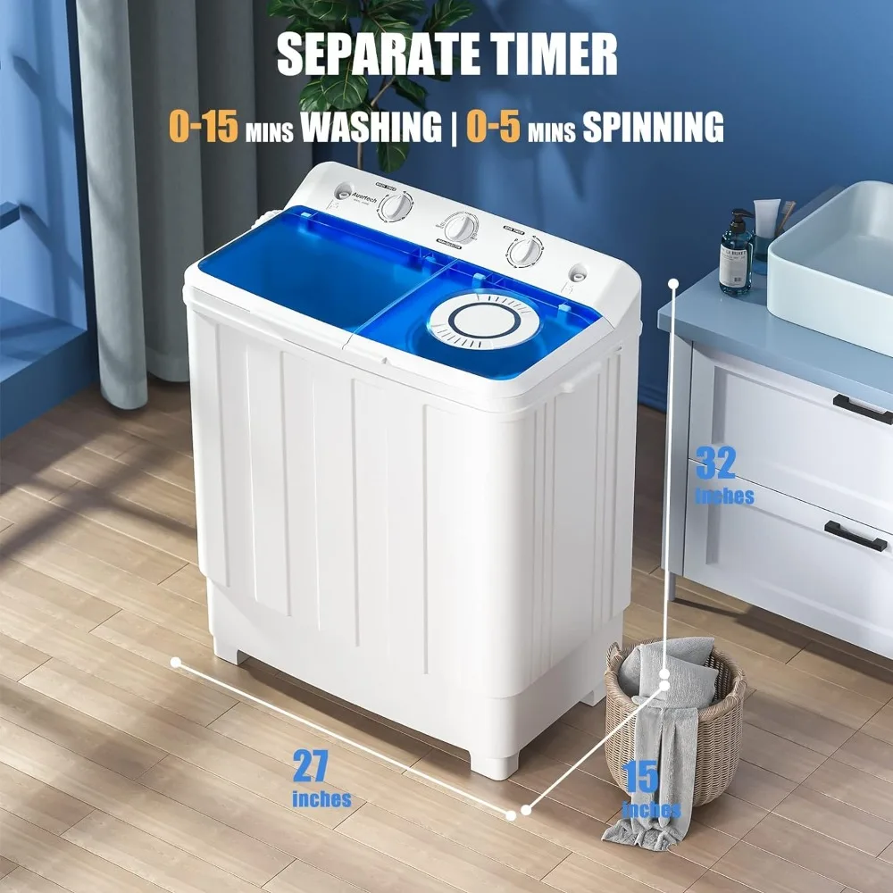 Washing Machine, Twin Tub Mini Compact Laundry Machine with Drain Pump, Semi-automatic 10lbs Spinner Combo, Washing Machine