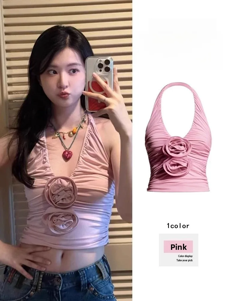 

Pink Floral 3D Embellished Short Crop Top Women's Outerwear Tank Top Summer Sexy Belly Baring Sleeveless Commute Style