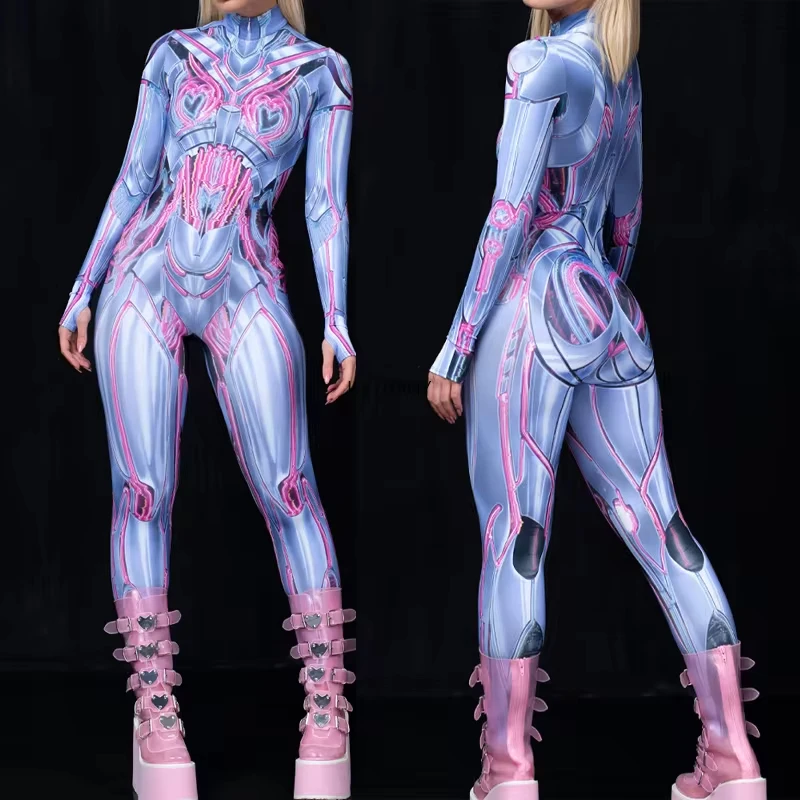 High Quality Adult Anime Cosplay Jumpsuit Cyberpunk Mechanical Armor Printed Bodysuit Halloween Zentai Suit Rave Women Morphsuit