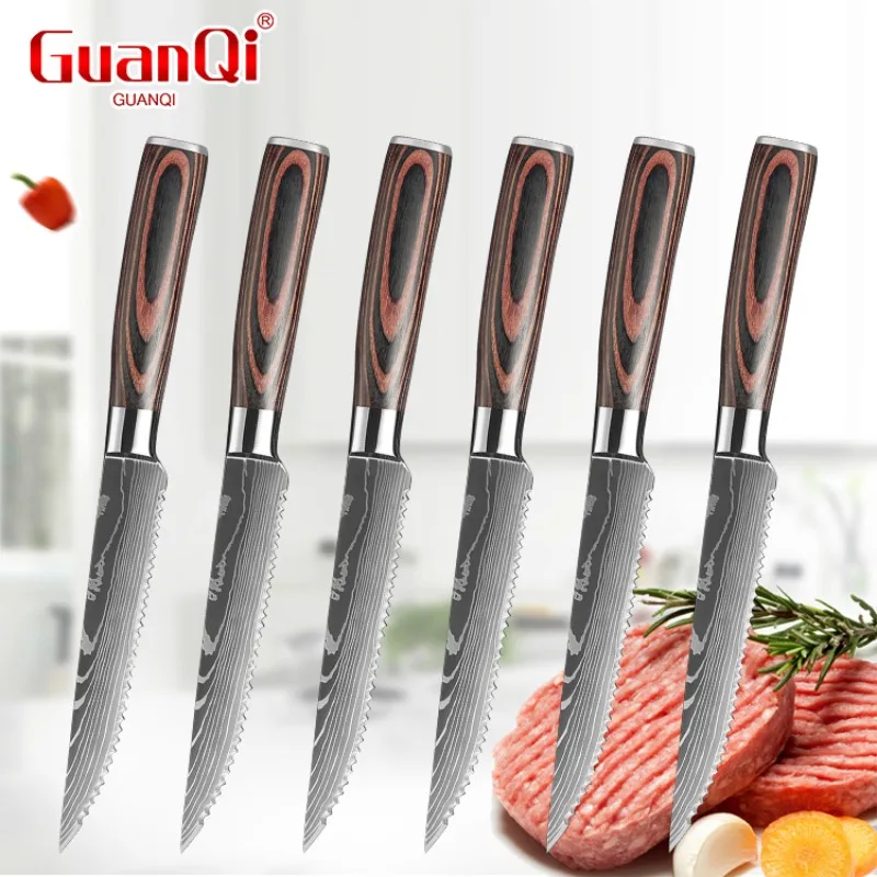 1-6Pcs Damascus Steak Knives Perfect for Western Restaurant Dining Meat Cleaver Slicing Knife Serrated Beef Chicken Table Tools