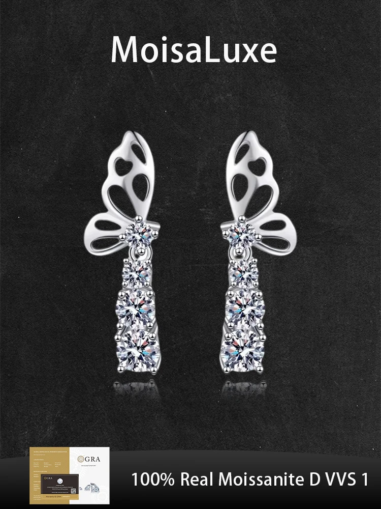 

MoisaLuxe Official Store Moissanite Plata Sterling 925 Silver Fashion Jewelry Butterfly Element Earrings Women's Elegant Premium