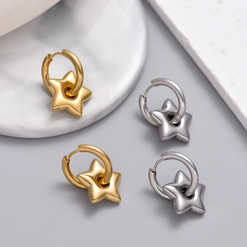 Klassische Edelstahl-Herz-Stern-Creolen für Frauen, Punk Hip Hop Gold Silber Farbe Y2K Schmuck Damen Ohrringe Oorbellen – Detail 13