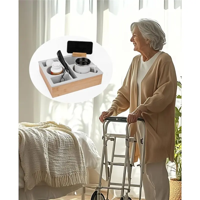 ABLN-Couch Cup Holder Tray, Handy Silicone Bamboo Couch With Rotatable Phone Holder For Bed Seat Organizer
