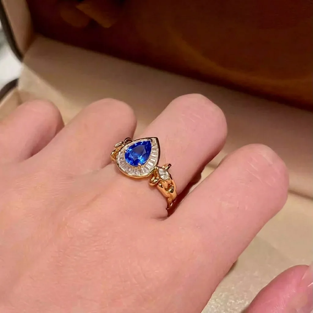 

2026 New Waterdrop-Shaped Red Corundum High-End Ring - Fashionable High-Quality Zircon Blue Aquamarine Ladies' Ring