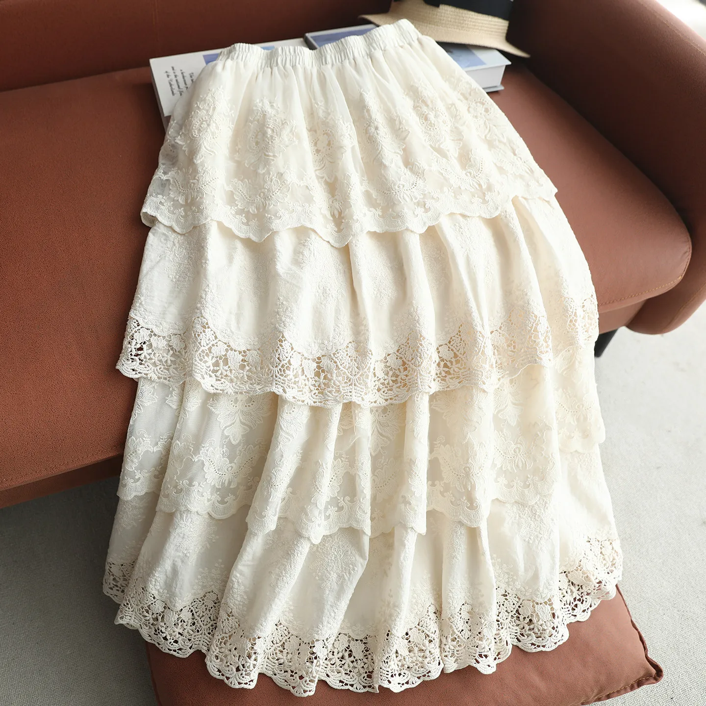 Japanese Sweet Mori Girl Lace Embroidery Ruffles Cake Cotton Skirts Women Summer Elastic Waist Casual Loose A-Line Midi Dresses