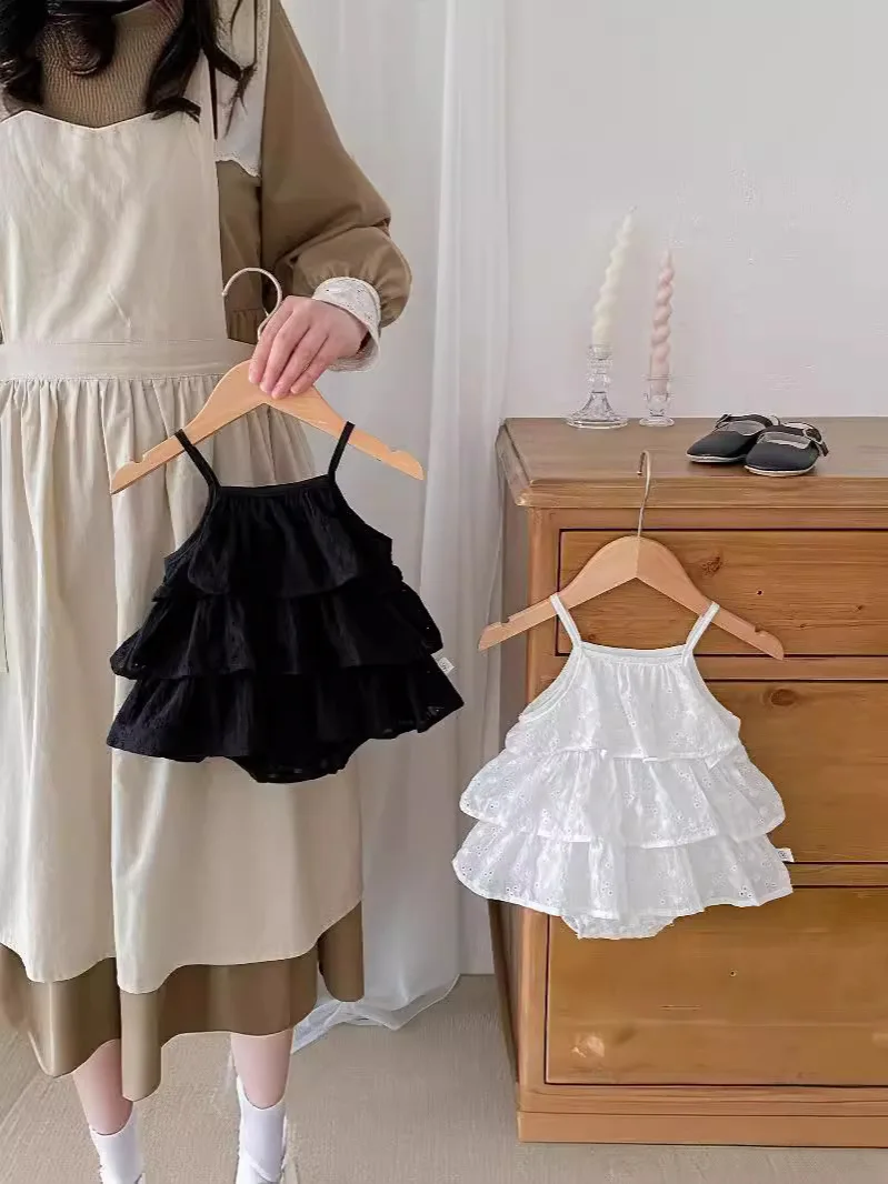 2025 Summer New Baby Girl Sleeveless Sling Bodysuit Solid Infant Cute Princess Layered Dress Newborn Thin Cotton Jumpsuit 0-24M