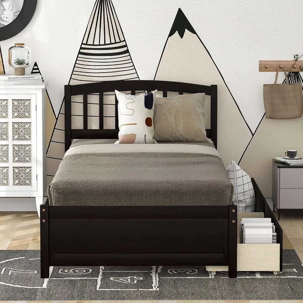 Designs Twin Storage Bed Frame, Wood Platform Bed with Two Drawers and Headboard, Espresso bed queen wood