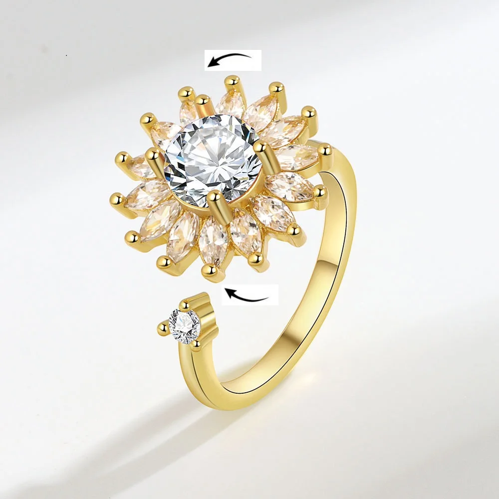 Gold Color Copper Crystal Anxiety Relife Spinning Ring For Women Enamel Sunflower Rotate Freely Anti-Stress Rotating Rings view 5