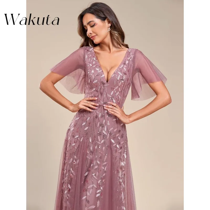 Wakuta Fashion Sexy V-neck Short Sleeved Evening Robe Classic Sequin Sparkling Slim Fit A-line Party Cocktail Dresses فستان سهرة