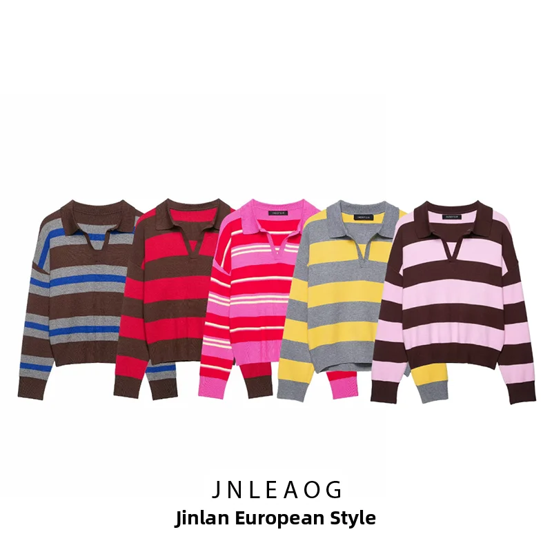 JNLEAOG Summer New Women's Fashion Stripe  Neck Knitted Shirt European Style Polyester Fiber Ladies Sweater