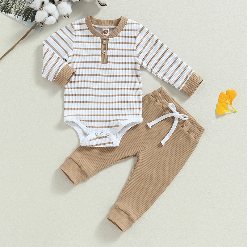 Casual Baby Boy 2Pcs Fall Outfits Long Sleeve Knitted Striped Print Romper Pants Set Infant Warm Clothes Baby\'s Sets