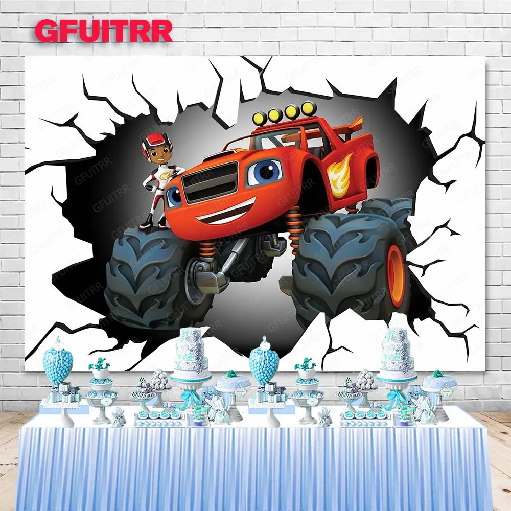 GFUITRR Blaze and the Monster Machine Photography Backdrop Boys Birthday Photo Background Red Truck Cars Photo Booth Props