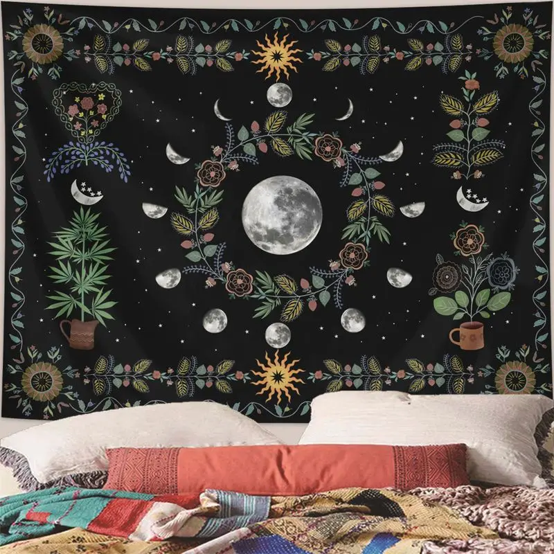 VIKAMA Full Moon Moon Phase Flower Plant Tapestry, Enchanted Wall Art Background Cloth for Nature-Inspired Aesthetic Decor