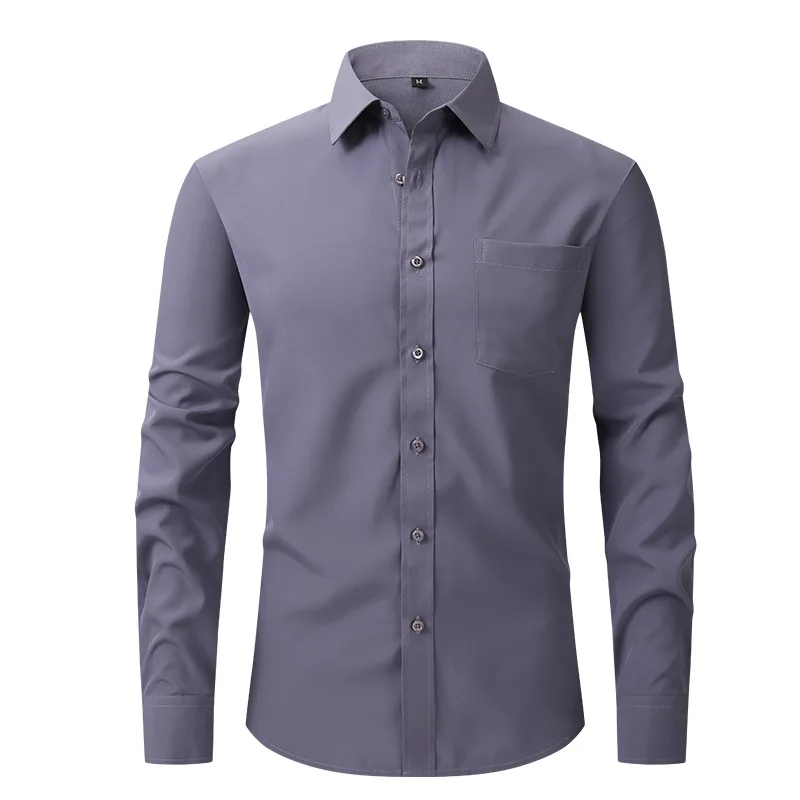 

Solid Color Wrinkle Resistant Lapel Dress Shirts Men Spring summer Thin Business Office Work Shirt Elastic Slim Casual Shirt Man
