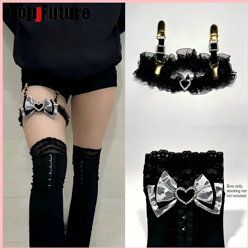 Original Design Bow Thigh Garter Clip Set Y2K Japanese Vintage Gal Style Ruffle Lace Rhinestone Leg Accessory For Women