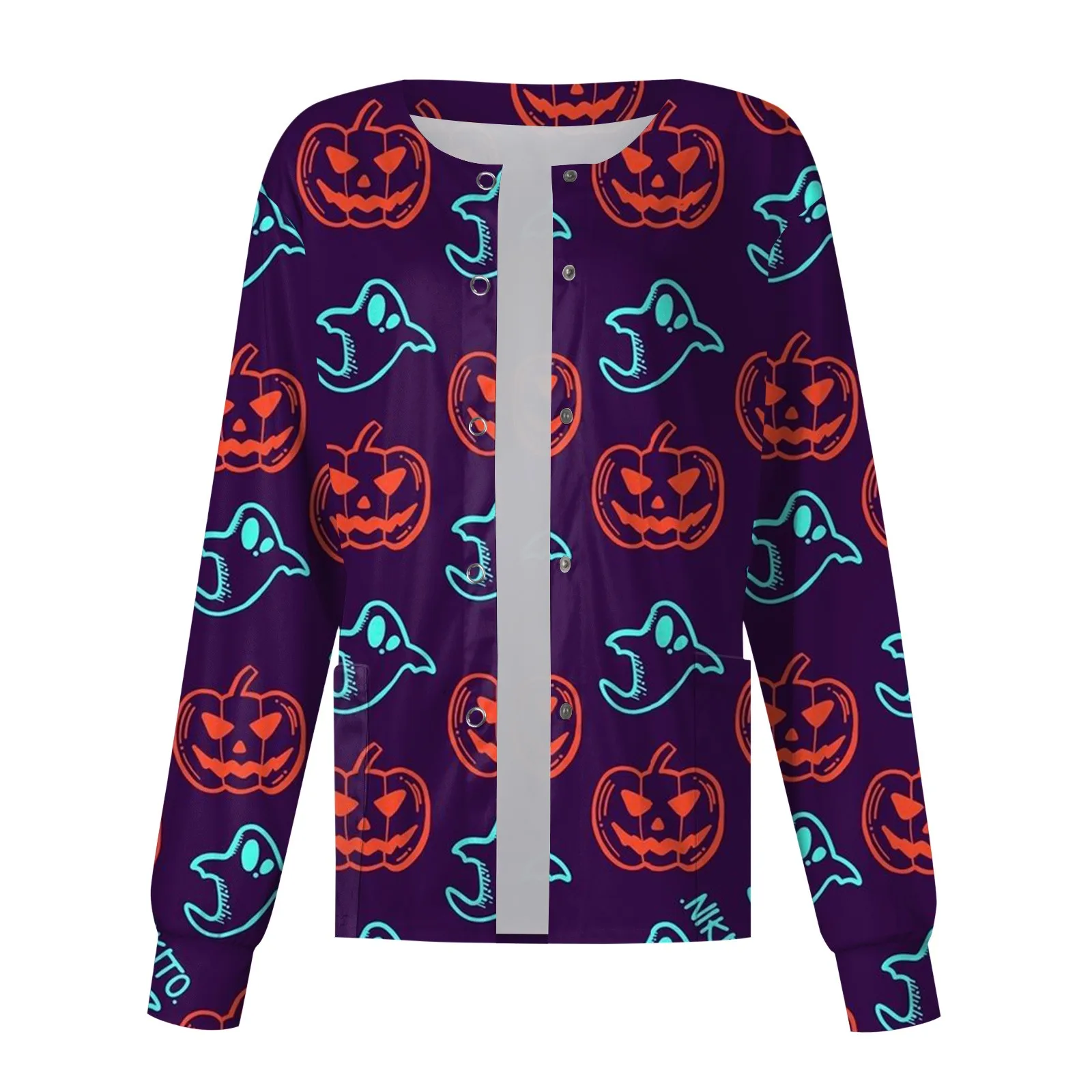 Women\'s Single-breasted Top Halloween Bat Printed Scrub Jacket Nurse Coat Pet Shop Nurse Working Round Neck Cardigan Coat