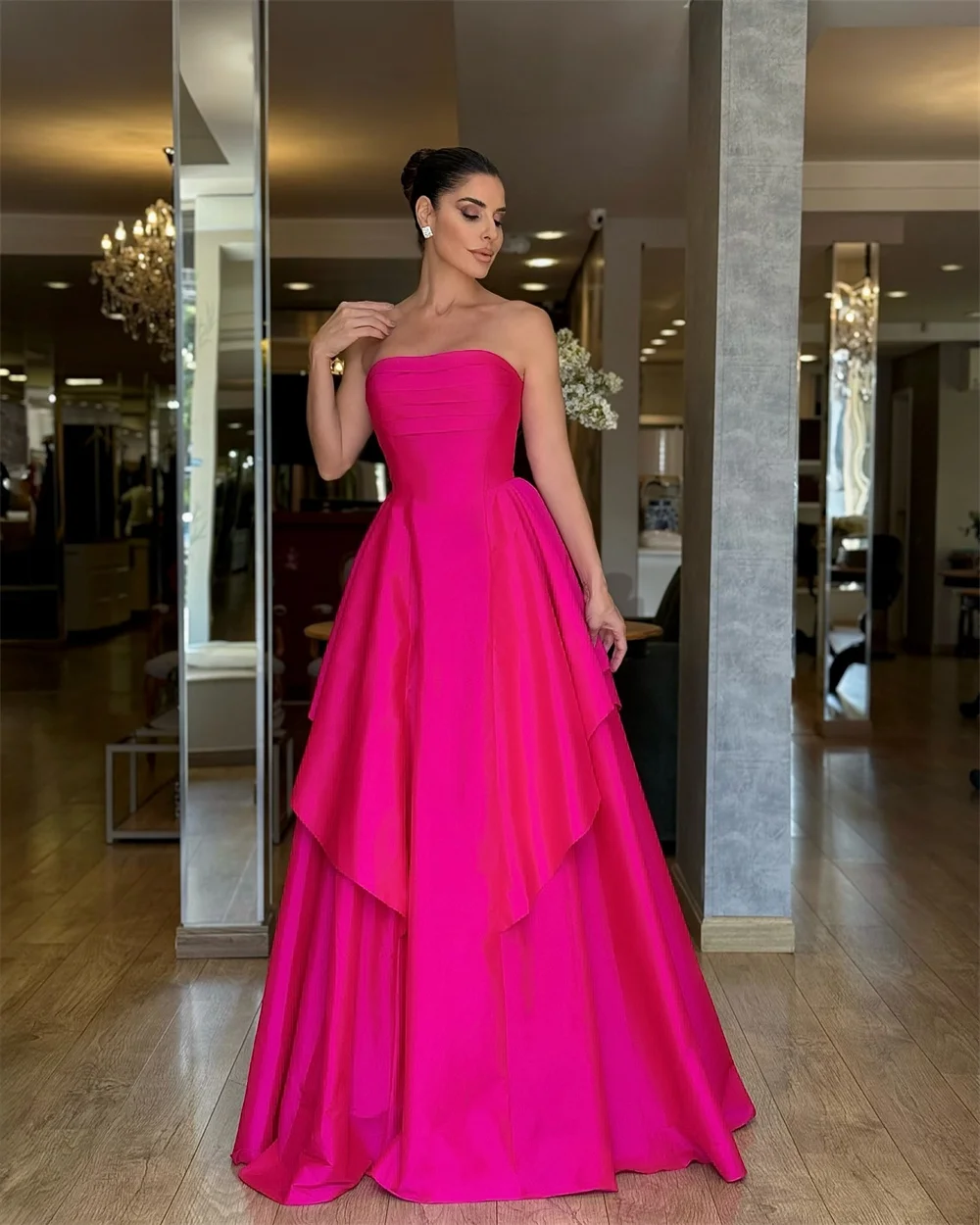 Amanda Customized Pink A-line Tiered Ruffle Strapless Prom Dresses Floor-Length vestidos de noche Sleeveless Formal Evening