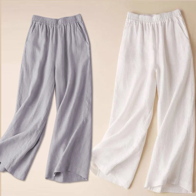 

Casual Pants Women Cotton Linen Wide Leg Pants Female Summer Pants Full Length Fashion Solid Loose High Waist Straight Trousers