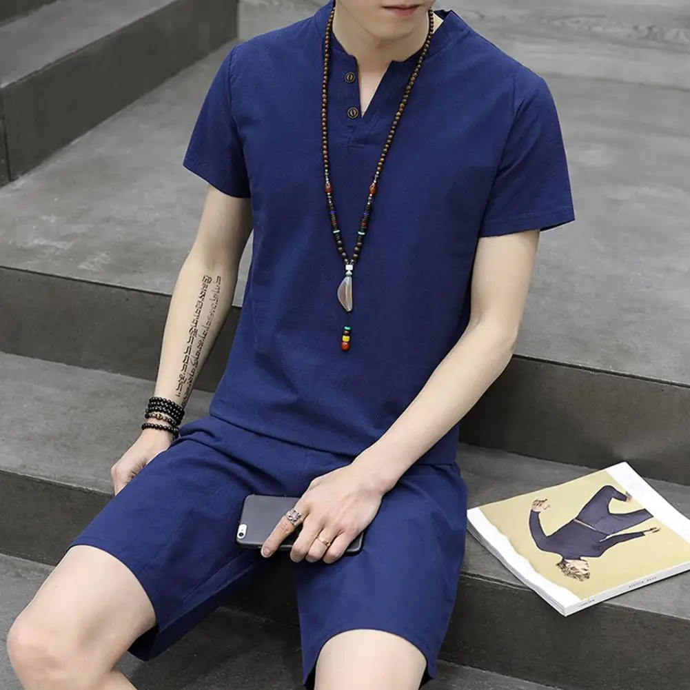 Men's Short Sleeve Tracksuit Summer T Shirt And Shorts Set V-Neck T-shirt Drawstring Waist Wide Leg Shorts Set Men Casual Outfit