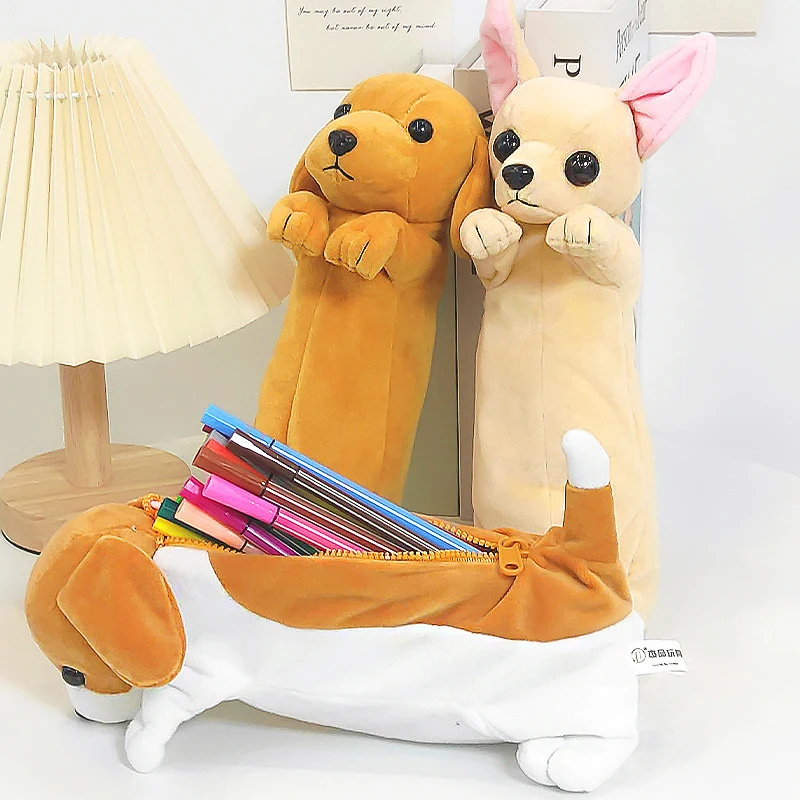 Estuche de lápices de felpa de dibujos animados Kawaii, perro de peluche, cachorro, escuela, suministros de oficina, bolsas de lápices para niños, caja de lápices de papelería