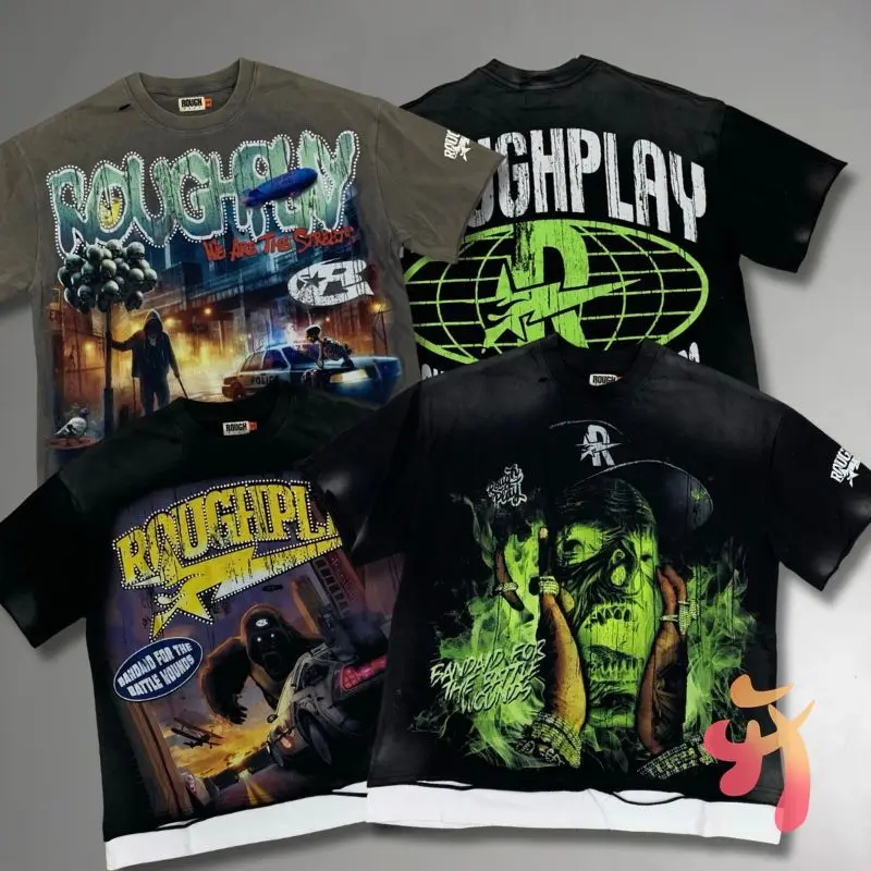 

Stock American Hip-hop Street RoughPlay TShirt Retro Washed Broken Holes Splice Hot Drill Short Sleeve Men Women Cotton Tops