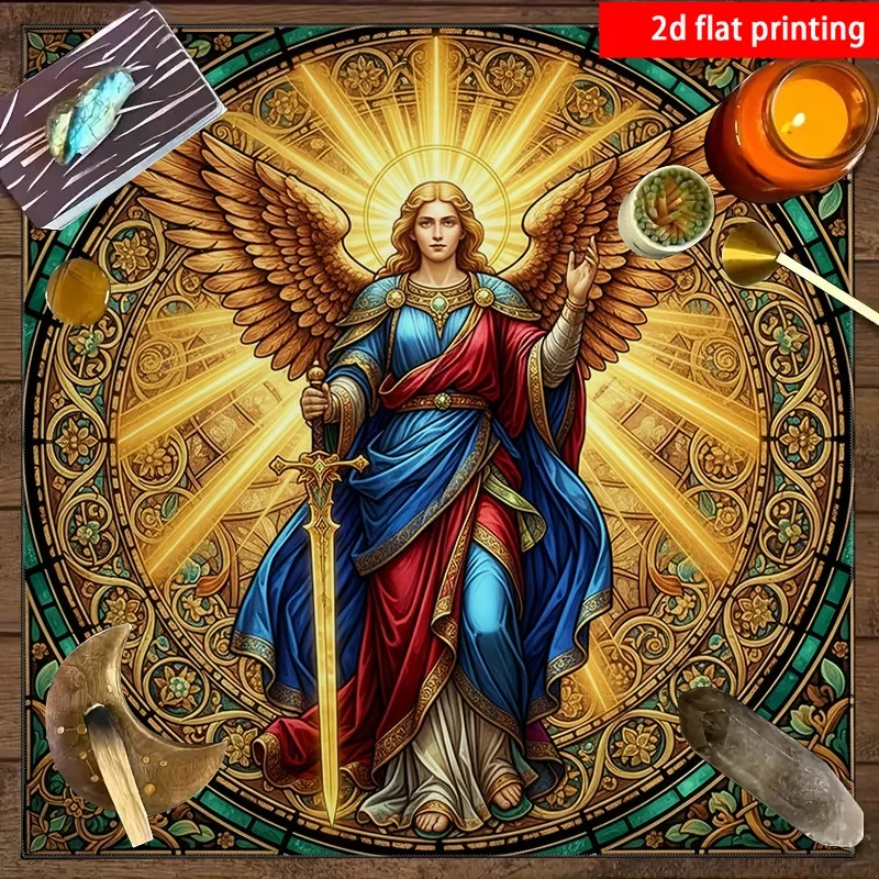 Tarot Cloth Astrology Sun Tarot Cloth Three Card Spread 2D flat printing, 1pc color imitation glass painting angel ornate view 4