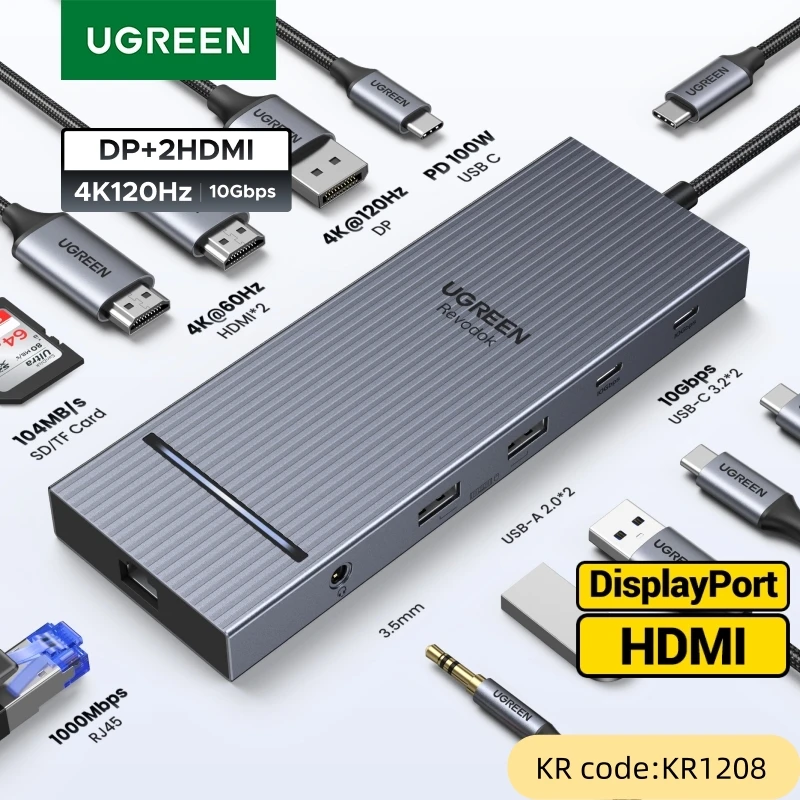 UGREEN 12-in-1 USB HUB Type-C to 2HDMI 4K120Hz DP USB3.2 10Gbps SD/TF RJ45 PD100W for MacBook Dell HP Laptop Accessories Docking