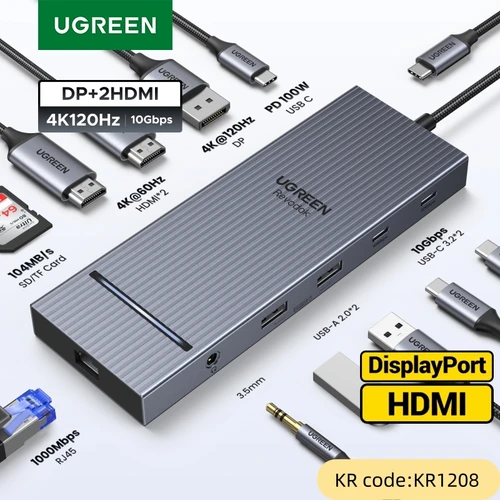 UGREEN-HUB USB 12 en 1 tipo C a 2HDMI, 4K120Hz, DP, USB 3,2, 10Gbps, SD/TF, RJ45, PD100W, para MacBook, Dell, HP, accesorios para portátiles, acoplamiento